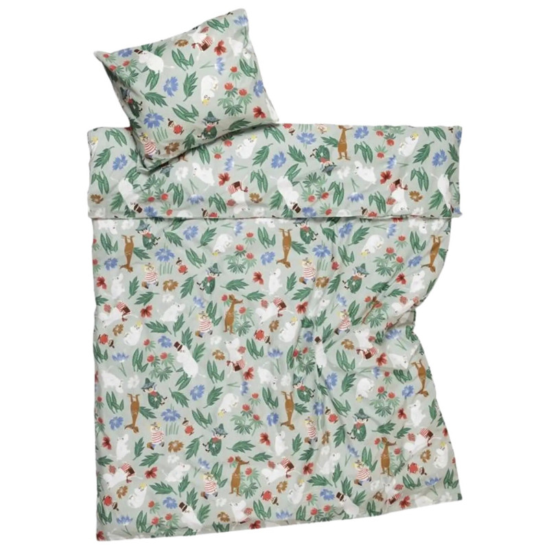 Moomin Duvet Cover Pillowcase Set Flower Garden Grey Green  150 x 210 cm