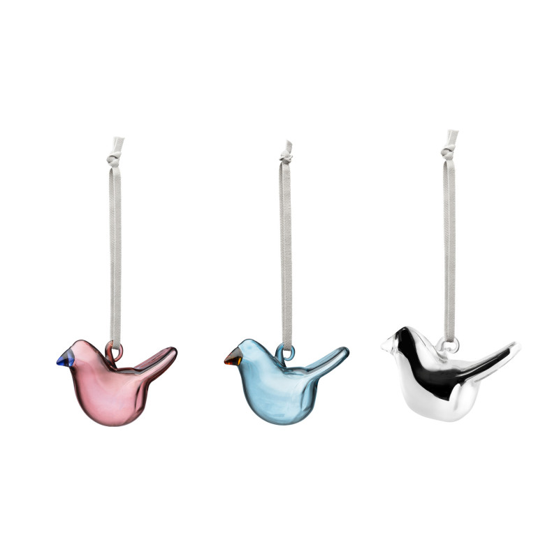 Iittala Oiva Toikka Glass Mini Birds Mix Pink Blue and Silver Decor Set of 3 