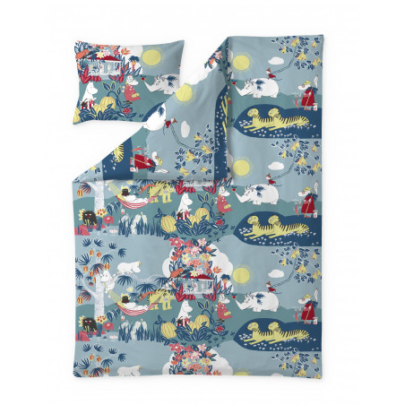 Moomin Eco Duvet Cover Pillow Case  Jungle Moomin Coral Blue 150 x 210 cm and 55 x 60 cm