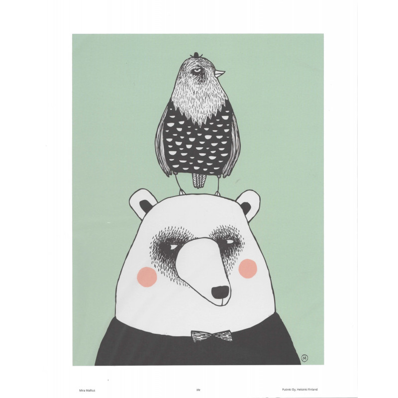 Mira Mallius Poster Bear and Bird Green 24 x 30 cm