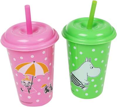 Moomin Two Plastic Cups with Lid and Straw 