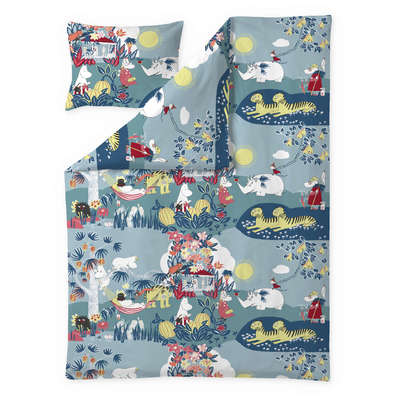 Moomin Eco Duvet Cover Pillow Case  Jungle Moomin Coral Blue 150 x 210 cm and 55 x 60 cm